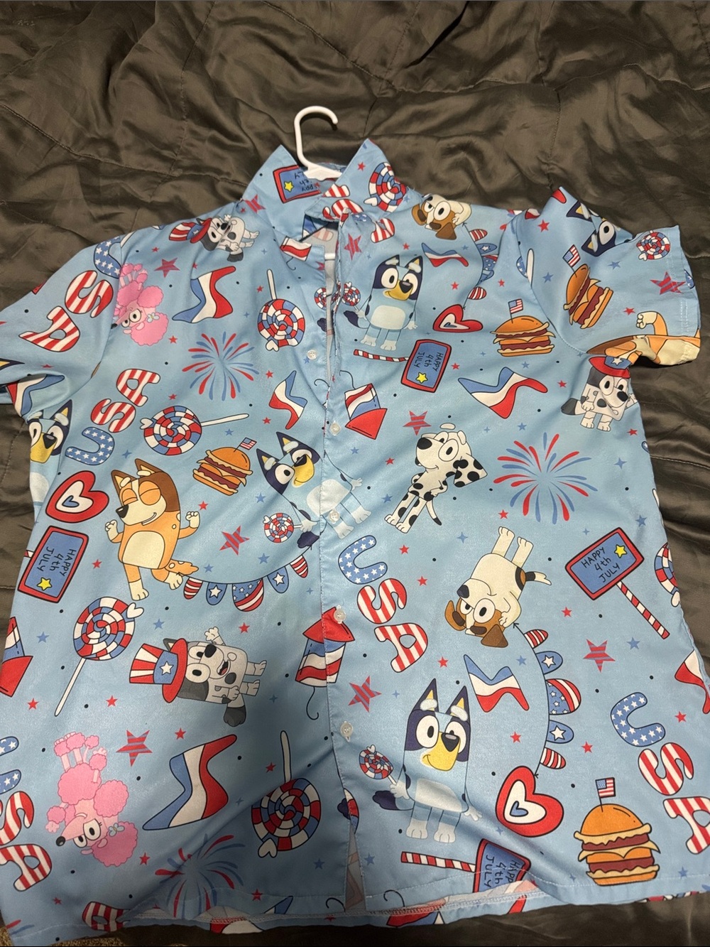 Blue Cartoon Dog Short Sleeve Button-Up Shirt